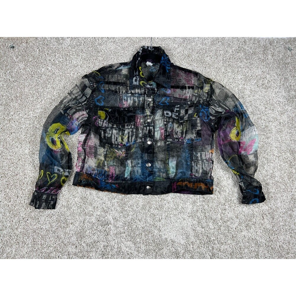 Joy & Ash Mesh Graffiti Print Snap Front Jacket Sheer Cropped Shirt Womens M